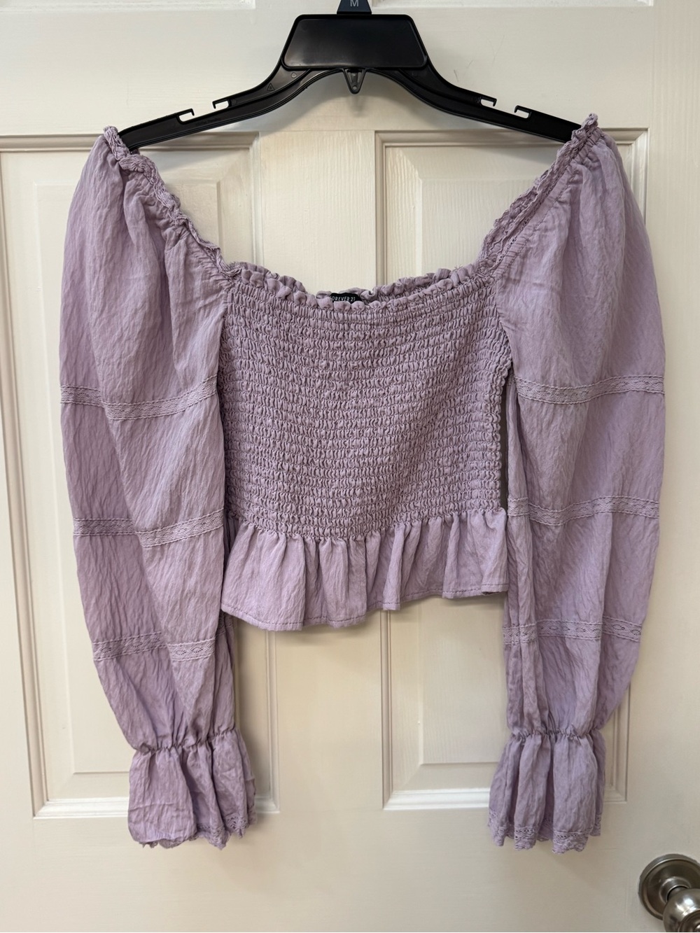 Forever 21 Lavender Smocked Off-the-Shoulder Cropped Top, Size Small